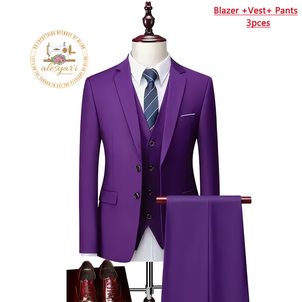 Alesyari Shop I High-End Three-Piece Suit - Impeccable Jacket, Vest, and Pants in a Refined Solid Color Design a Formal Business Menswear