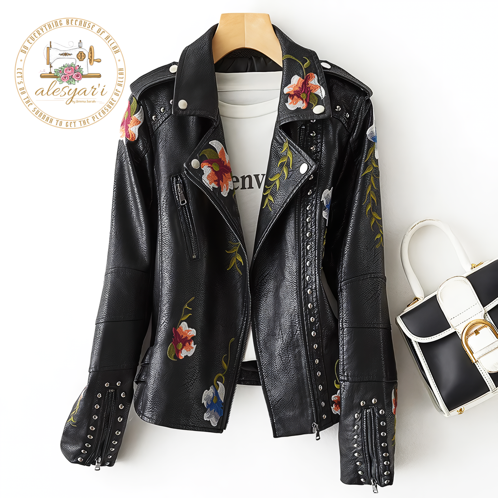 Alesyar'i Shop I Vintage Chic: Women's Retro Floral Print Embroidery Faux Soft Leather Jacket with Turndown Collar