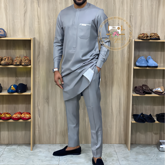 Alesyari Shop I Luxurious Men's Suit: Two-Piece Set with Shirt and Pants in Crew Neck Solid Color, Featuring Festive Long Sleeves and African Ethnic Style