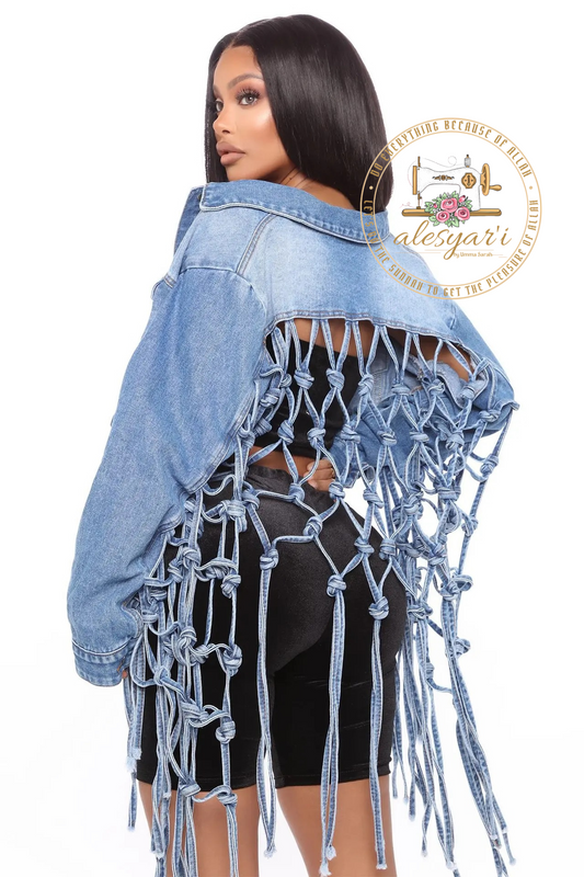 Alesyari Shop I Revolutionary Women's Denim Jacket: Stylish Back Mesh and Tassel Details