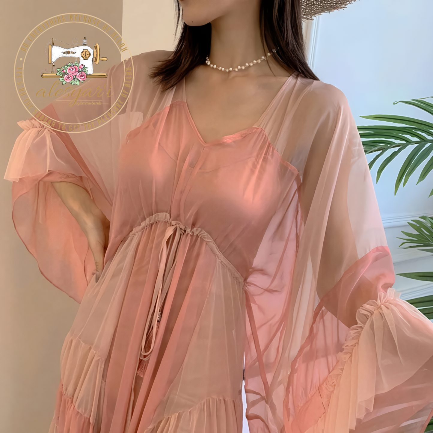 Alesyari Shop I New Summer 2023 Pink Cake Dress: Elegant Fashion with Striped Flare Sleeves, Waist Tie, and Beach-Style