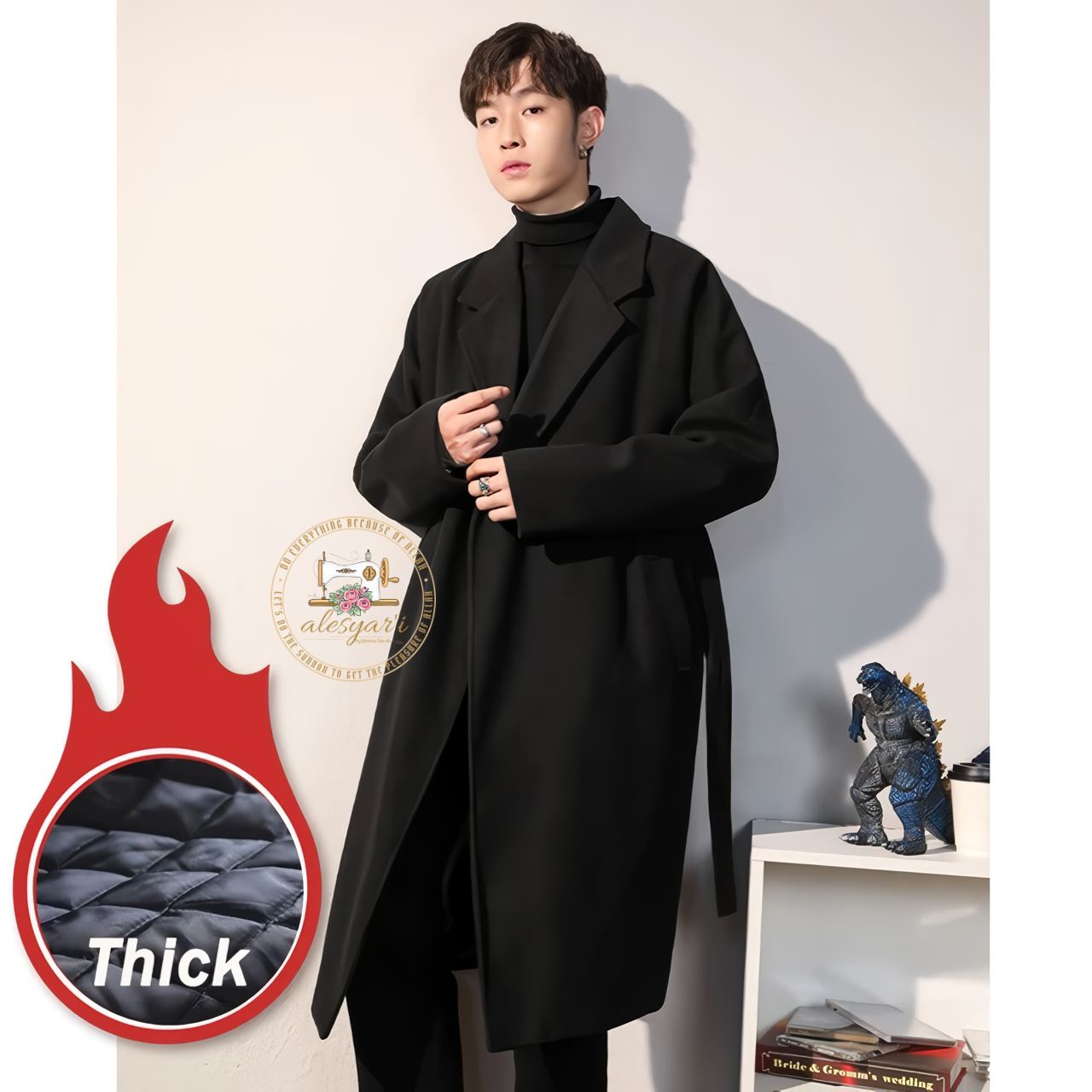 Alesyari Shop I Winter Elegance: Stylish Men's Black Wool Overcoat, Long Padding Coat, and Cardigans