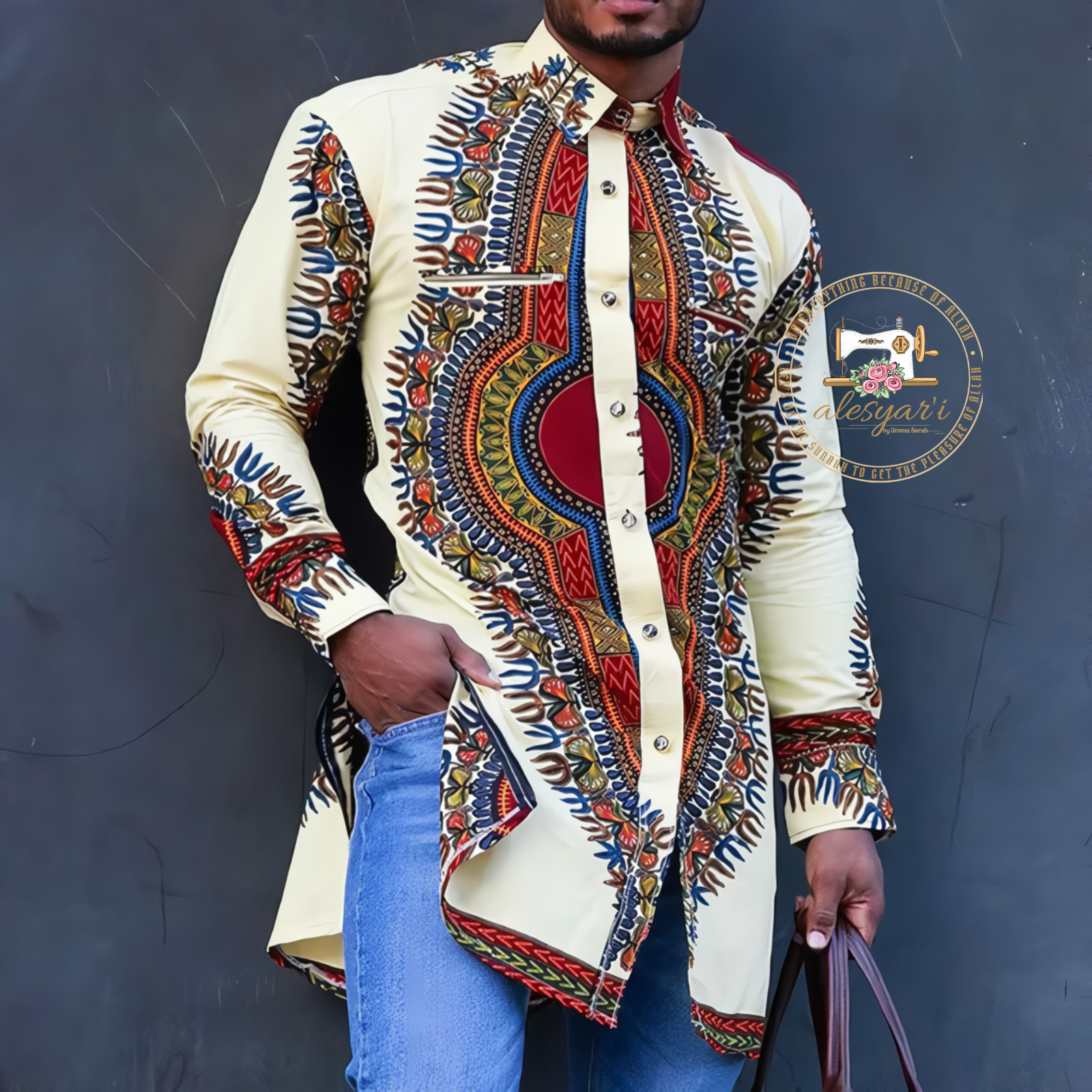 Alesyari Shop I Luxury Designer 2PC Men's Ensemble: Full Pant Set with African Ethnic Traditional Dashiki Outfit