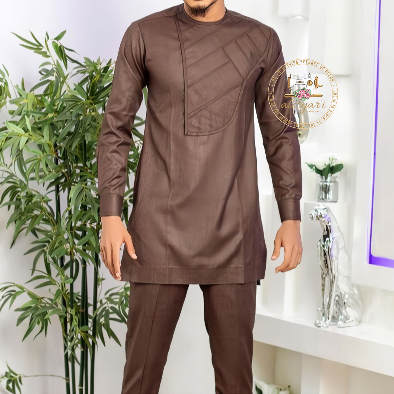 Alesyari Shop I Stylish African-inspired Men's Suit: Single-Breasted Plaid Stripe Ensemble with Matching Pants