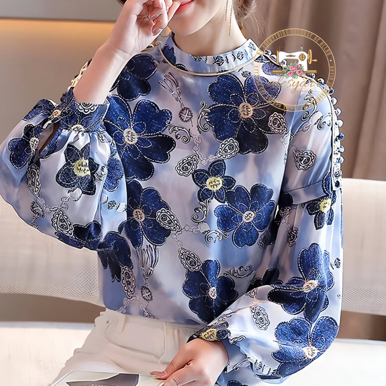 Alesyari Shop I Chic Chiffon Elegance: Women's Print Blouse with Long Sleeves - Stylish Tops for Fashionable Wardrobe