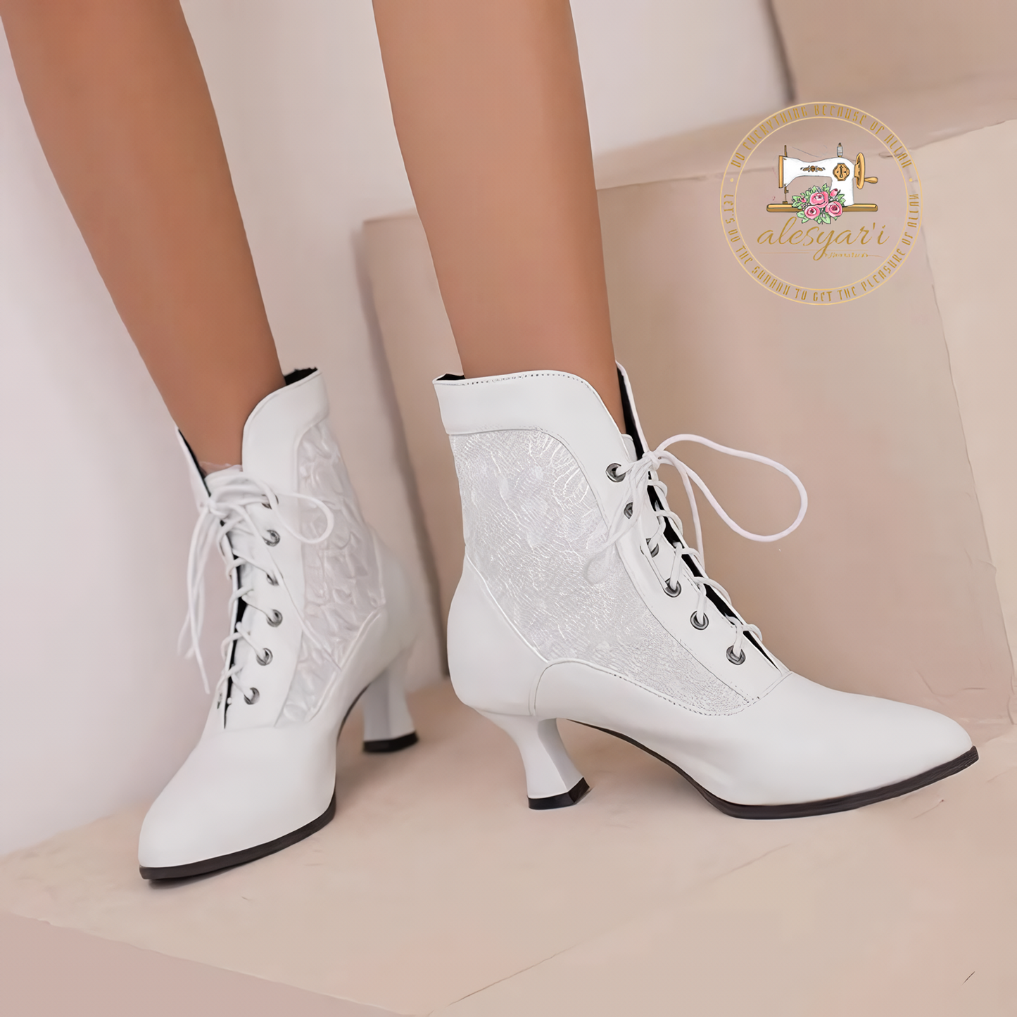 Alesyari Shop I Step into Elegance: Victorian-Inspired Leather Ankle Boots with Lace Details and High Heels for Fashionable Women