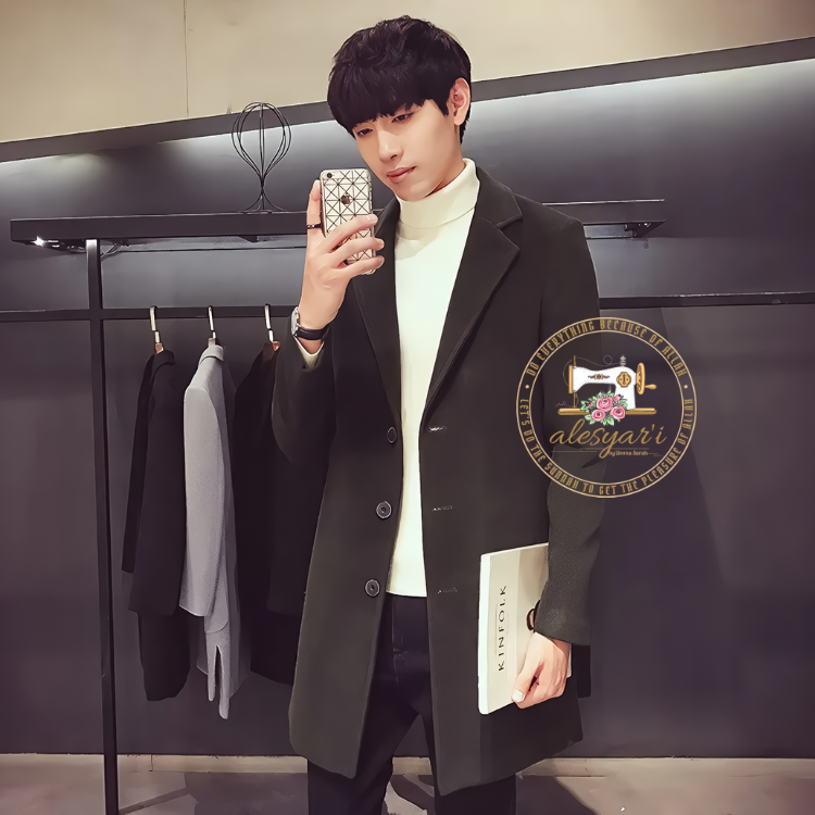 Alesyari Shop I Spring Autumn 2023: New Wool Blend Pure Color Long Cotton Coat - Slim Fit Windbreaker Jacket for Casual Business Fashion in Men's Clothing