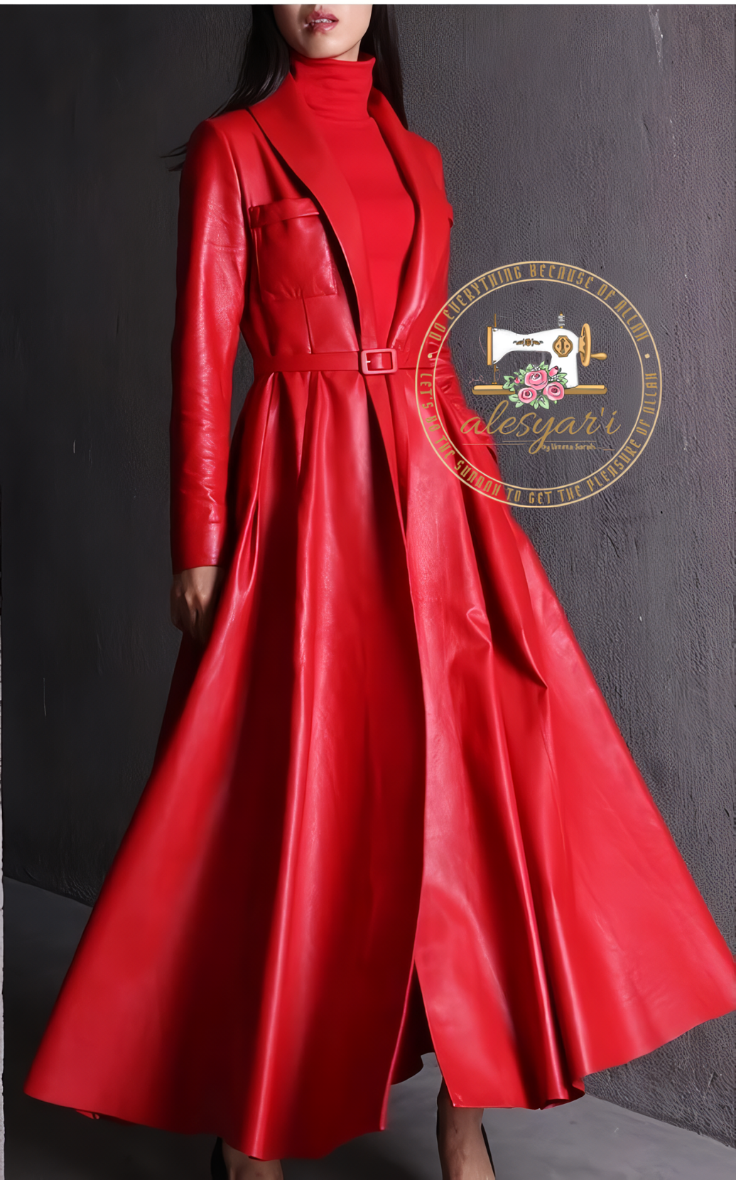 Alesyari Shop I Exquisite Red and Black Maxi PU Leather Trench Coat: An Extra-Long, Skirted, and Elegant Overcoat for Women of Distinction.