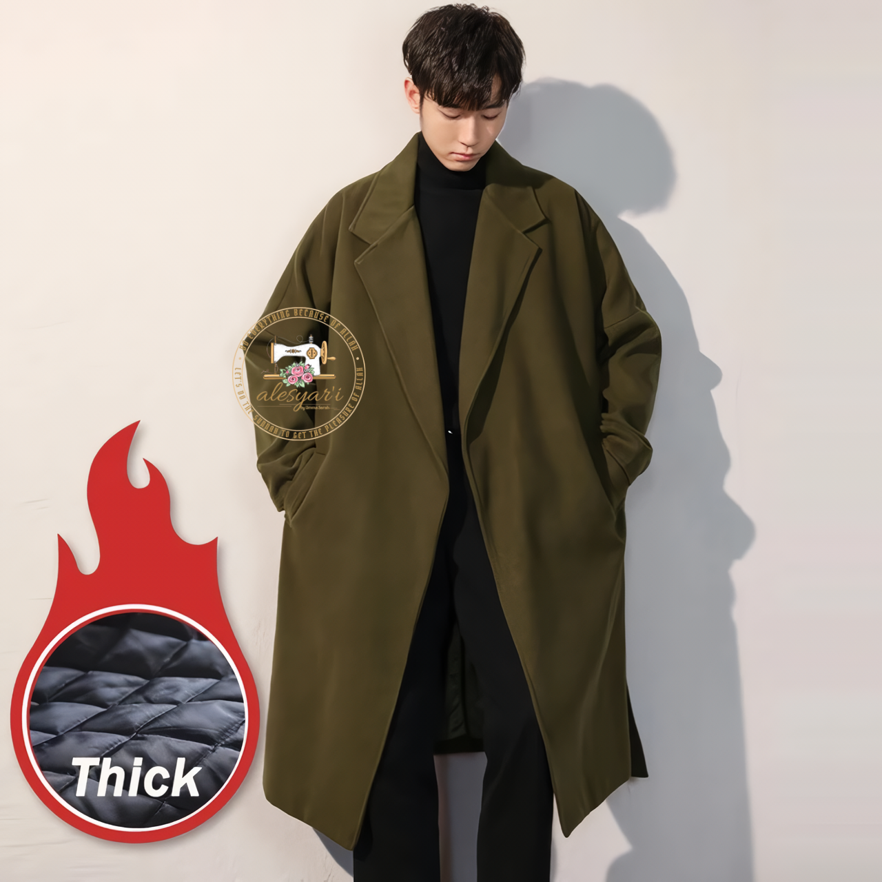 Alesyari Shop I Winter Elegance: Stylish Men's Black Wool Overcoat, Long Padding Coat, and Cardigans