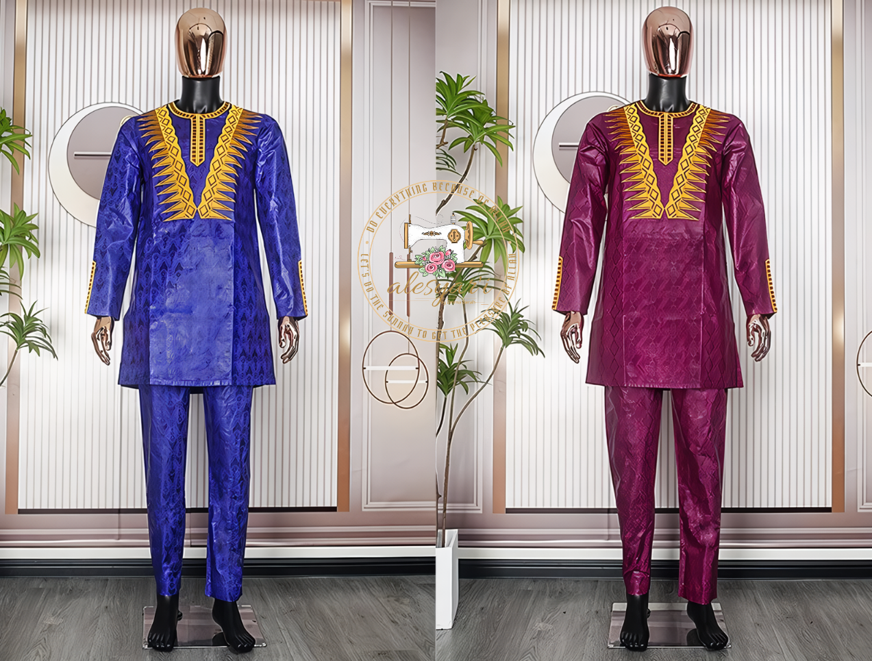 Alesyari Shop I Traditionally Inspired: Blue Embroidered 2-Piece Set for Men – Bazin Top and Pants Perfect for Muslim Wedding Parties and Dashiki Events