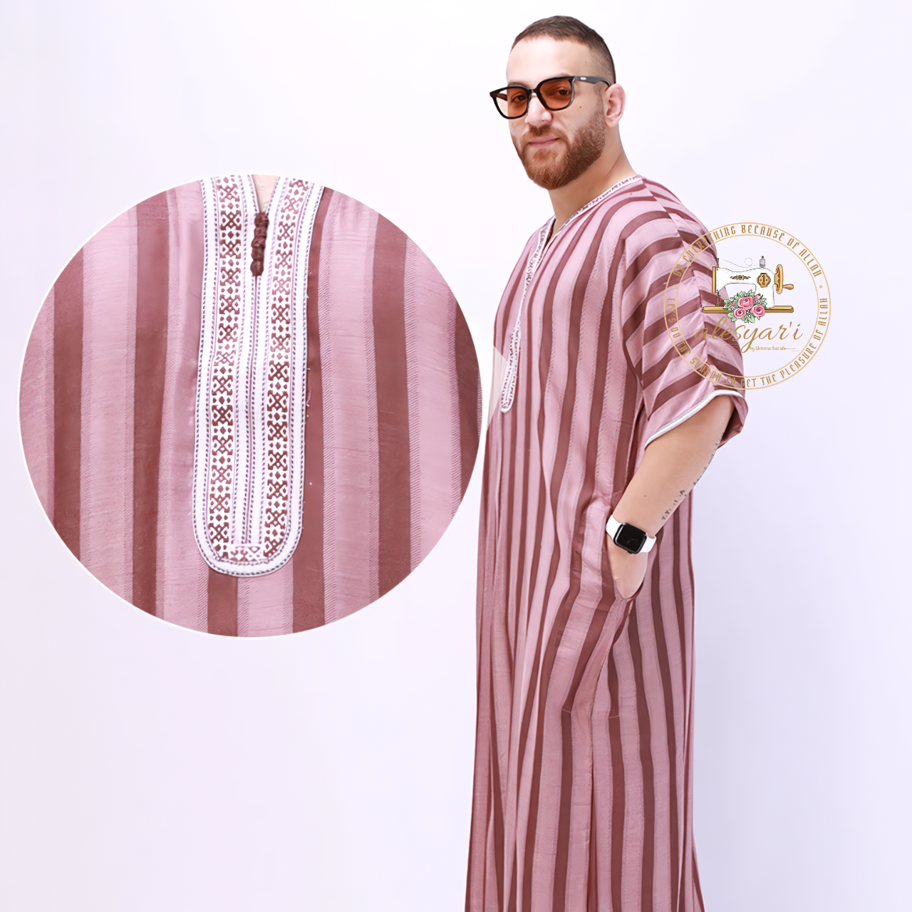 Alesyari Shop I New Muslim Jubba Thobe: Short Sleeve, Striped Design for Traditional Comfort