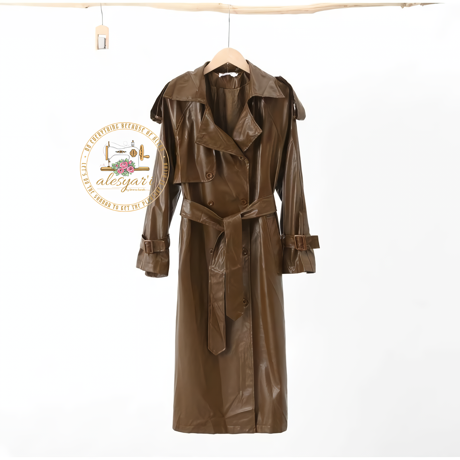 Alesyari Shop I Chic Double-Breasted Leather Long Coat with Belt and Long Sleeves for Women