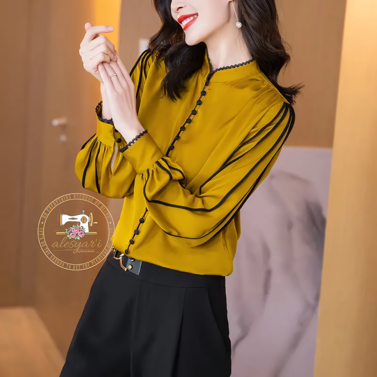 Chic Korean-Inspired Long Sleeve Silk Shirt in Yellow and Black: Elevate Your Casual Elegance for Spring and Autumn Fashion