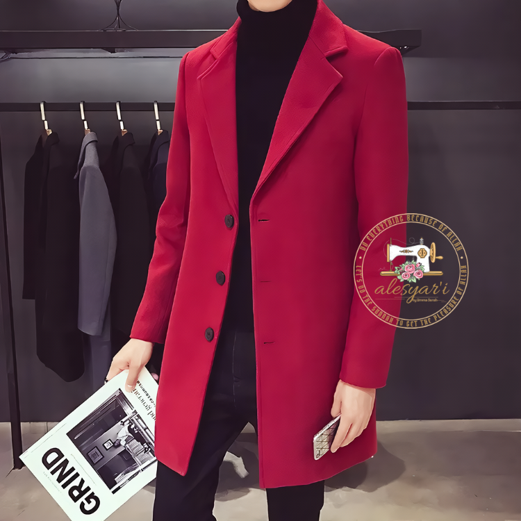 Alesyari Shop I Spring Autumn 2023: New Wool Blend Pure Color Long Cotton Coat - Slim Fit Windbreaker Jacket for Casual Business Fashion in Men's Clothing