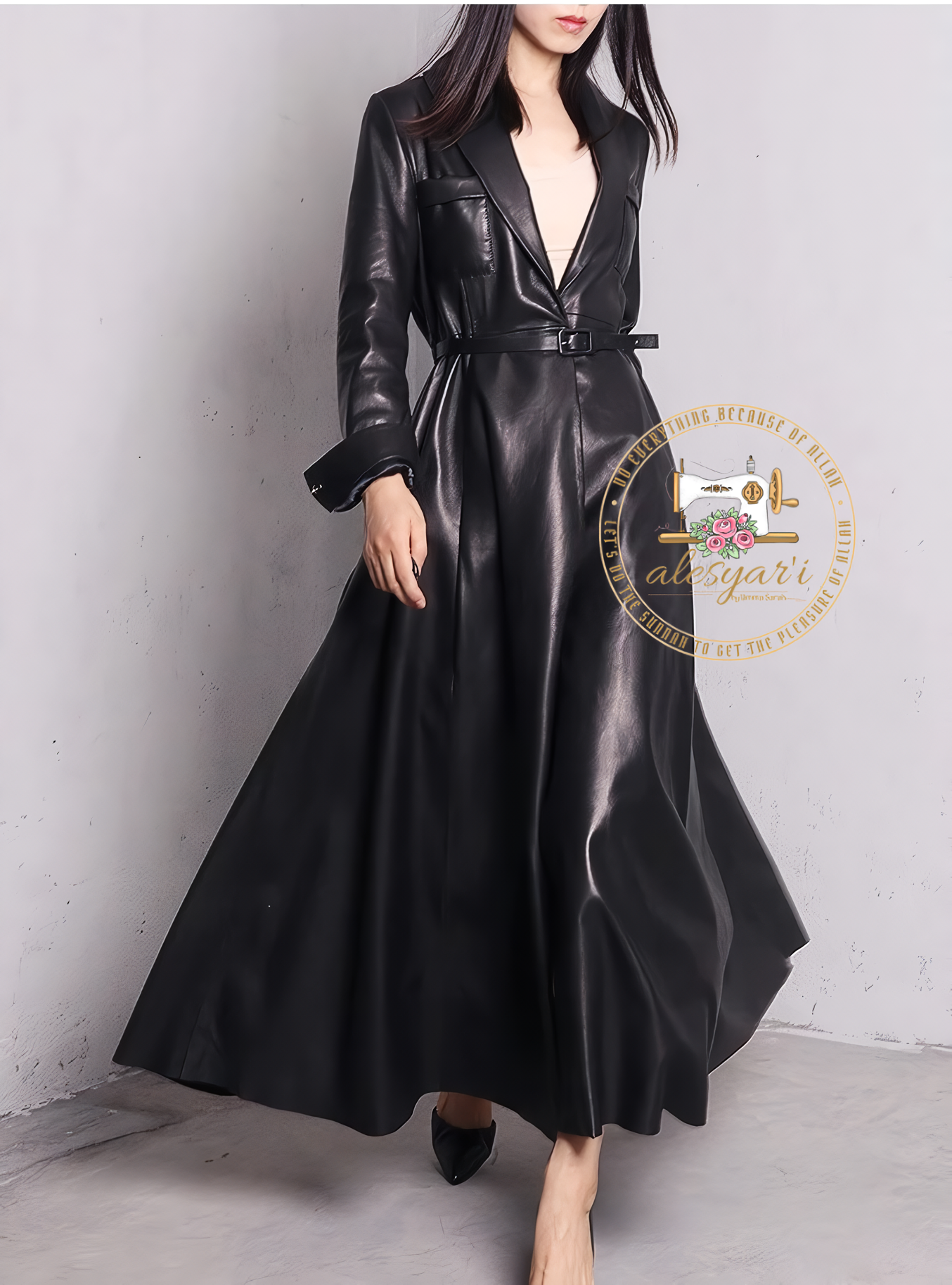 Alesyari Shop I Exquisite Red and Black Maxi PU Leather Trench Coat: An Extra-Long, Skirted, and Elegant Overcoat for Women of Distinction.