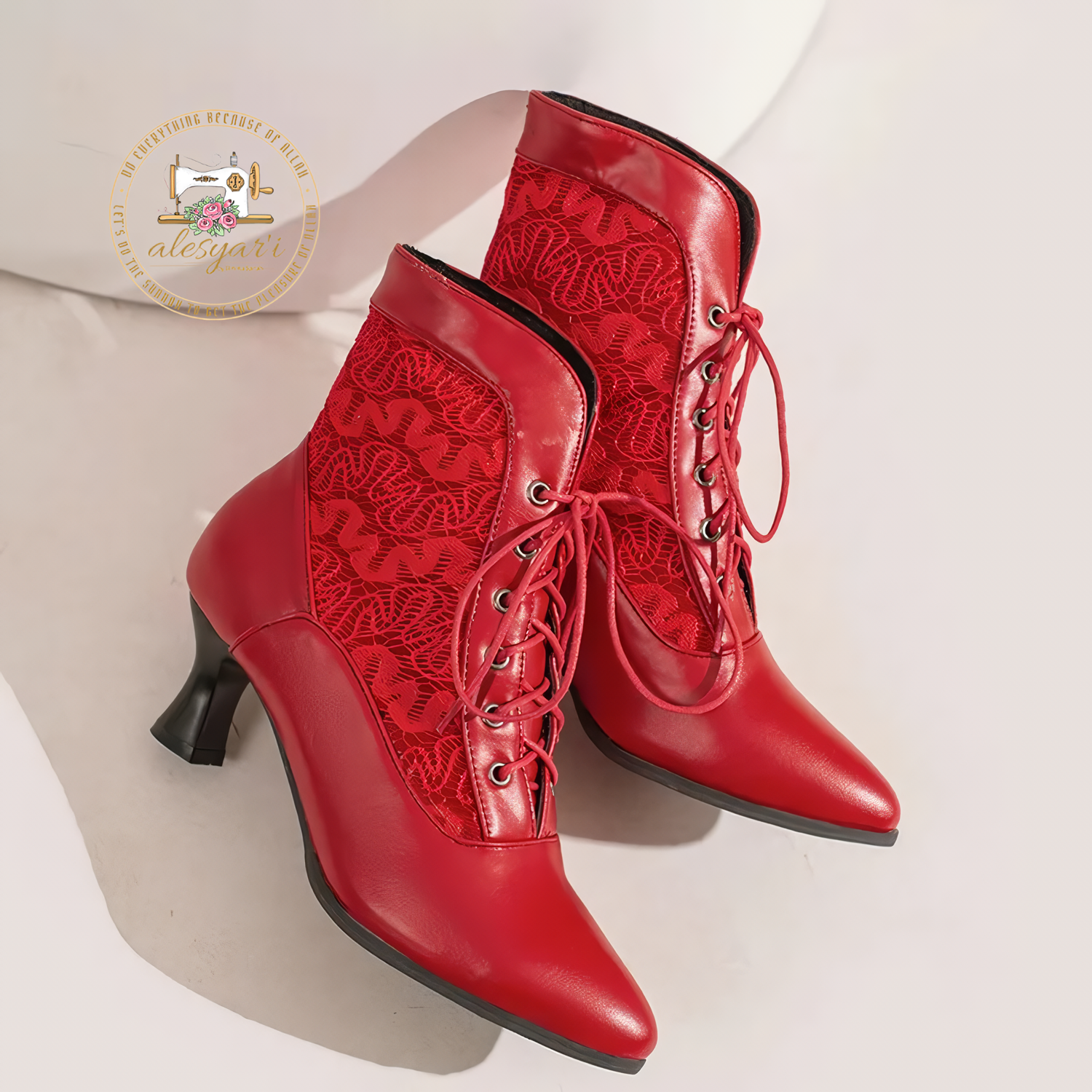 Alesyari Shop I Step into Elegance: Victorian-Inspired Leather Ankle Boots with Lace Details and High Heels for Fashionable Women