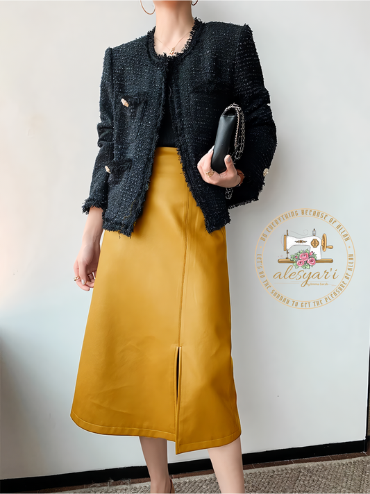 Alesyar'i Shop I Sunny Elegance: High-Waisted Midi Skirts in Yellow and Black Soft Leather with Zipper Closure - Long, Straight Style for Women