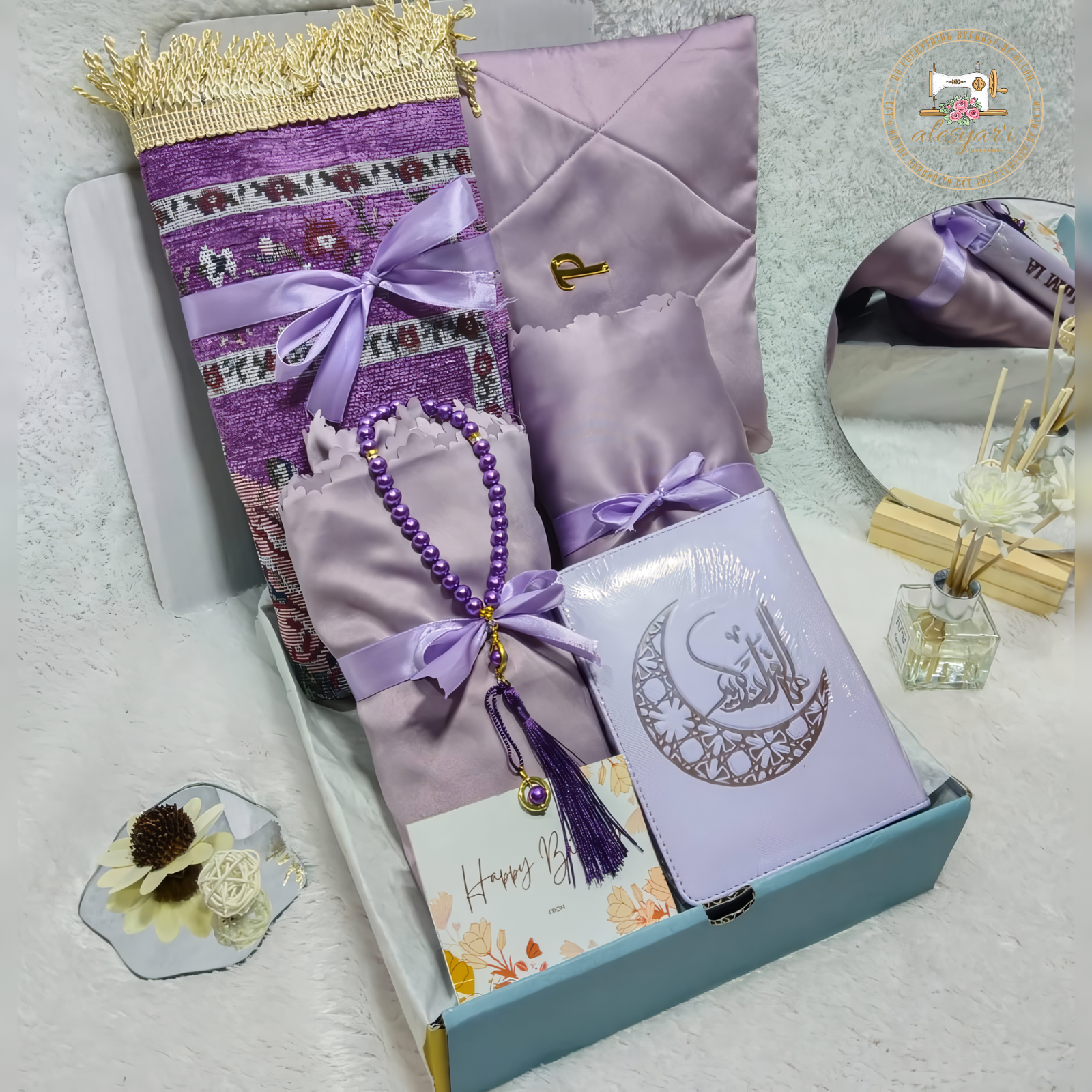 Alesyari Shop I Complete Prayer Equipment / Al-Qur'an Islamic Prayer Dress Hampers and Prayer Mat Set / Gift Box Quran Islamic Prayer Dress and Beads / Islamic Prayer Dress Prayer Mat