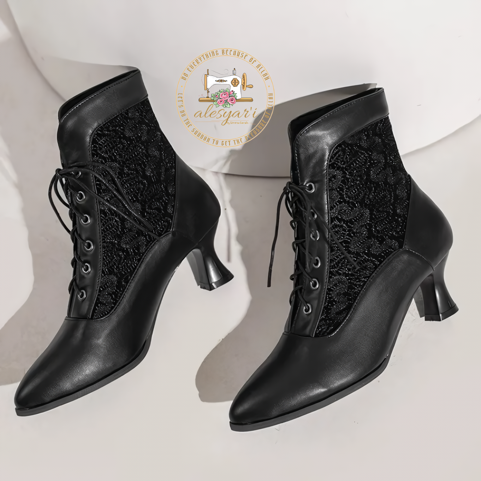 Alesyari Shop I Step into Elegance: Victorian-Inspired Leather Ankle Boots with Lace Details and High Heels for Fashionable Women