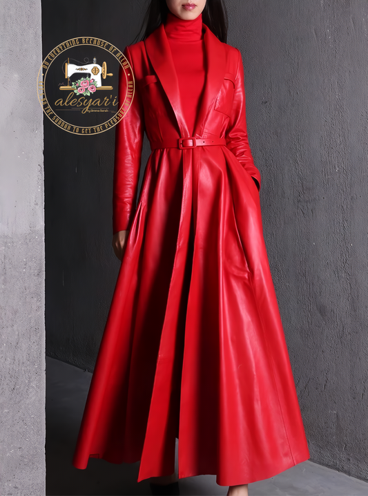 Alesyari Shop I Exquisite Red and Black Maxi PU Leather Trench Coat: An Extra-Long, Skirted, and Elegant Overcoat for Women of Distinction.