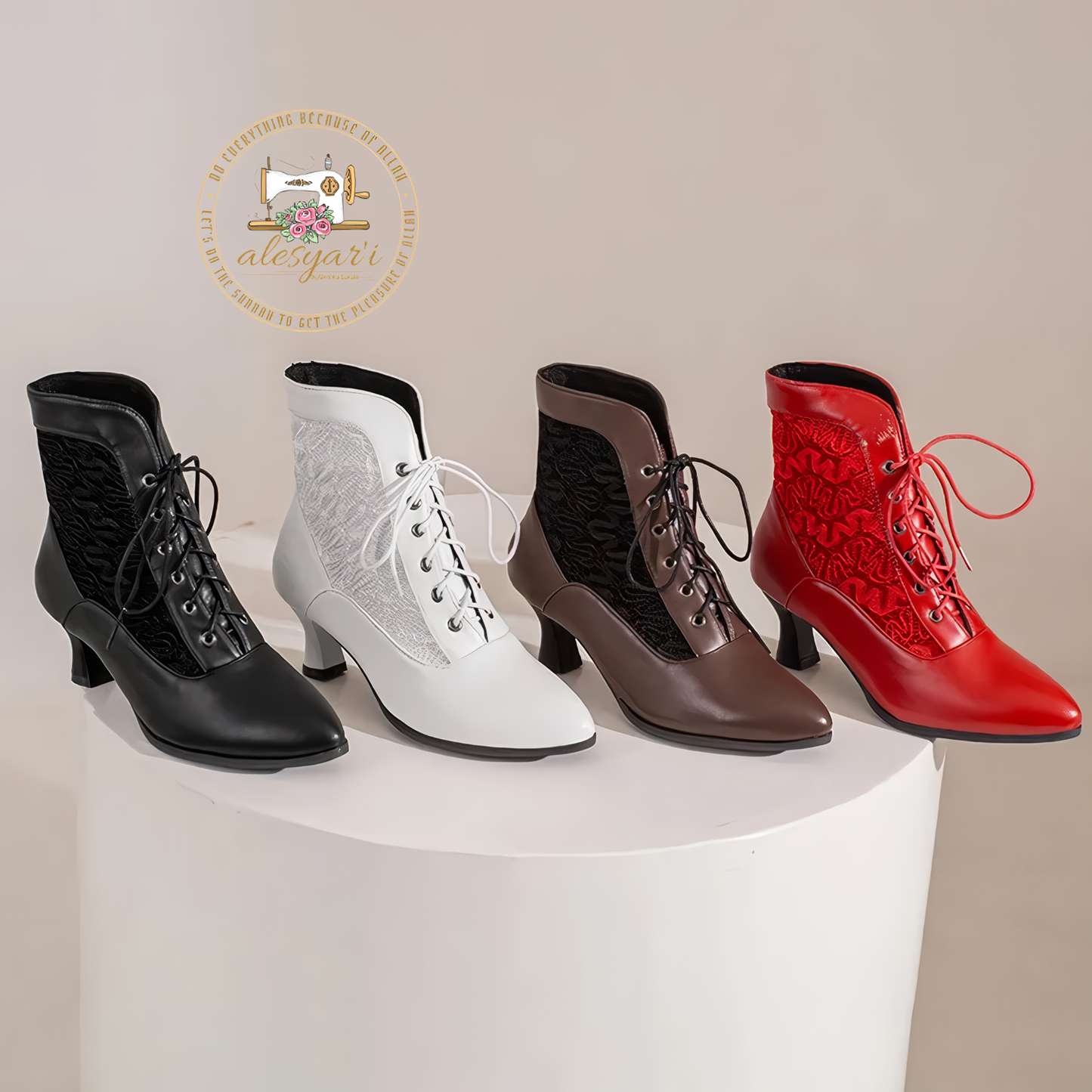 Alesyari Shop I Step into Elegance: Victorian-Inspired Leather Ankle Boots with Lace Details and High Heels for Fashionable Women