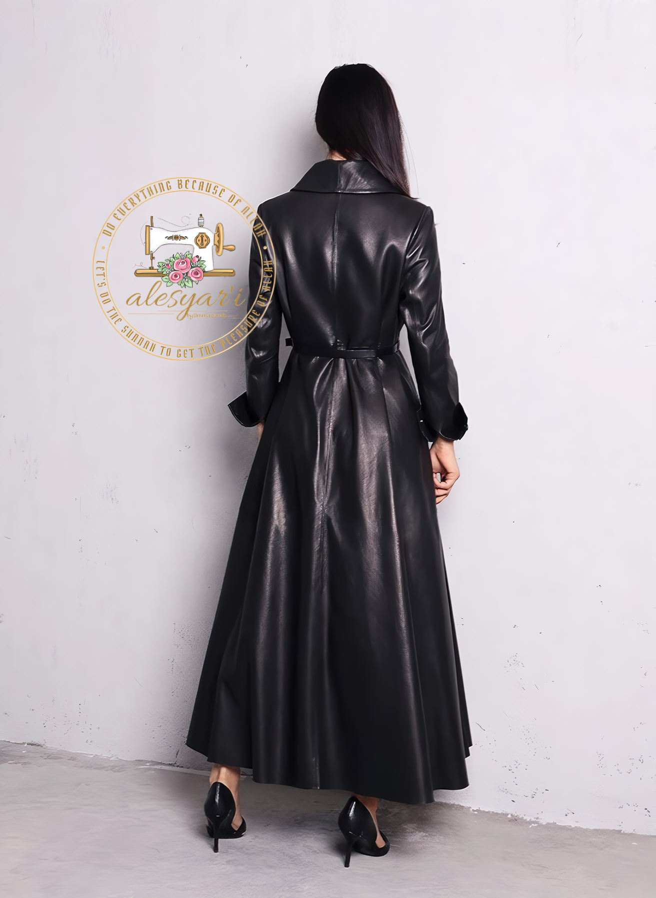 Alesyari Shop I Exquisite Red and Black Maxi PU Leather Trench Coat: An Extra-Long, Skirted, and Elegant Overcoat for Women of Distinction.