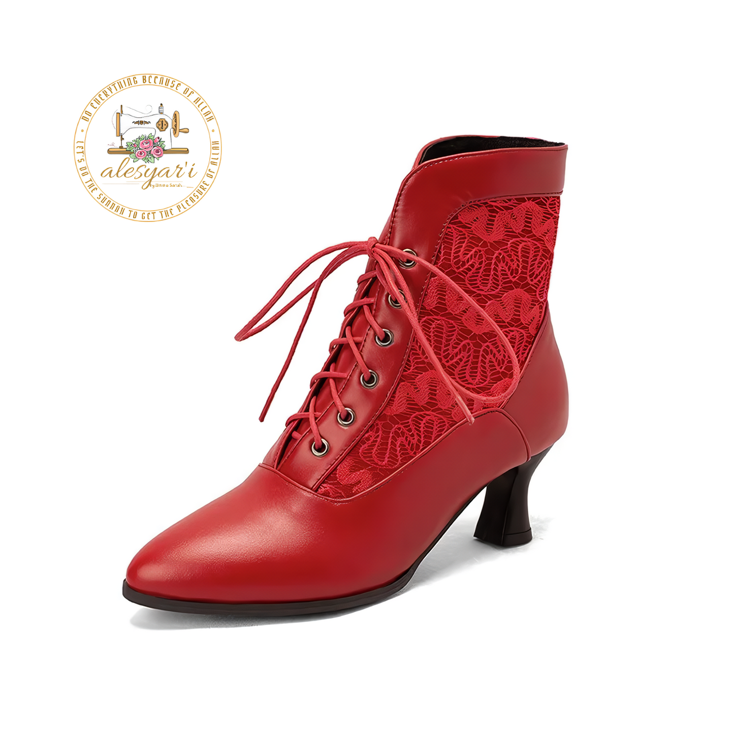 Alesyari Shop I Step into Elegance: Victorian-Inspired Leather Ankle Boots with Lace Details and High Heels for Fashionable Women