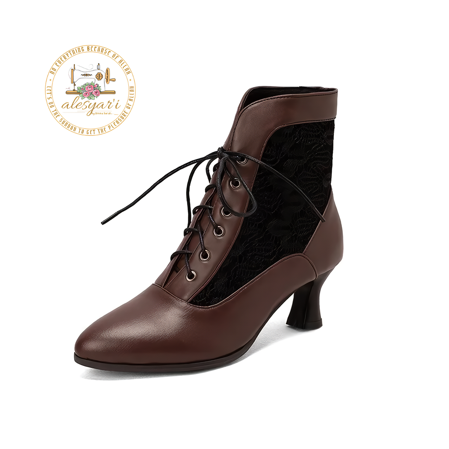 Alesyari Shop I Step into Elegance: Victorian-Inspired Leather Ankle Boots with Lace Details and High Heels for Fashionable Women