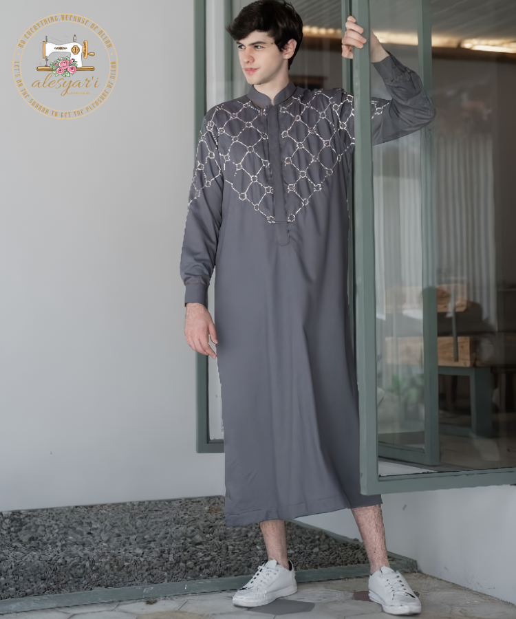 Alesyari Shop I Men's Embroidered Jubba Thobe Kaftan: Traditional Elegance