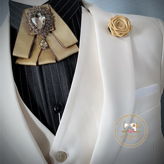 Alesyari Shop I Elegant White and Gold Wedding 3-Piece Men's Suit Ensemble with Groomsman Shawl Lapel, Featuring a Stylish Jacket, Vest, and Gold Pants