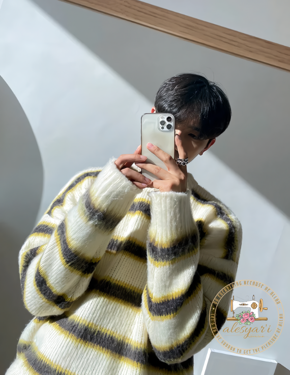 Alesyari Shop I Autumn Winter Round Neck Long Sleeve Knitting Tops: New Korean Chic Casual Men's Loose Striped Sweater