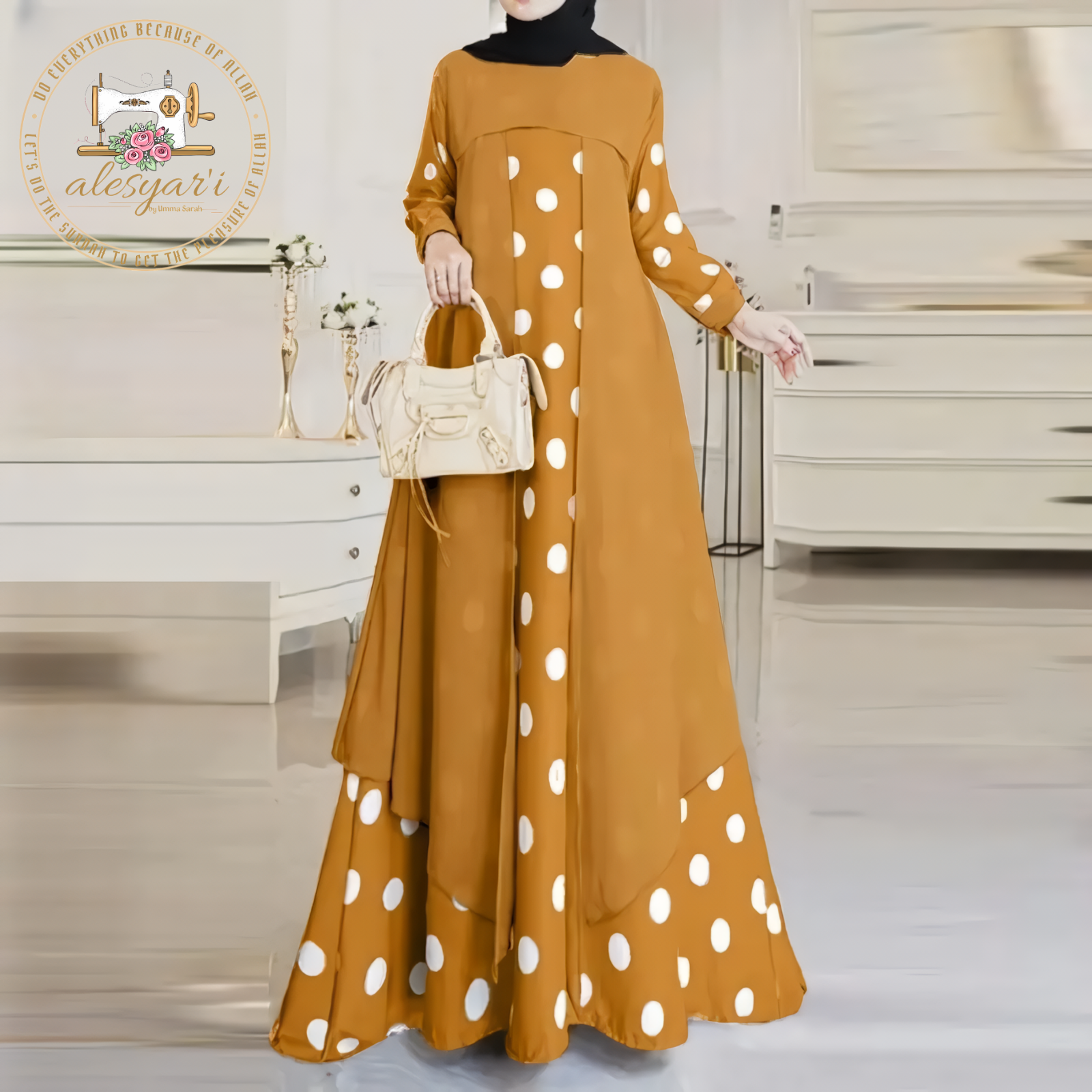 Alesyari Shop I Women Muslim Polka Dots Printed Dress Elegant O-Neck Long Sleeve Sundress Casual Loose Robe Femme Turkey Abaya