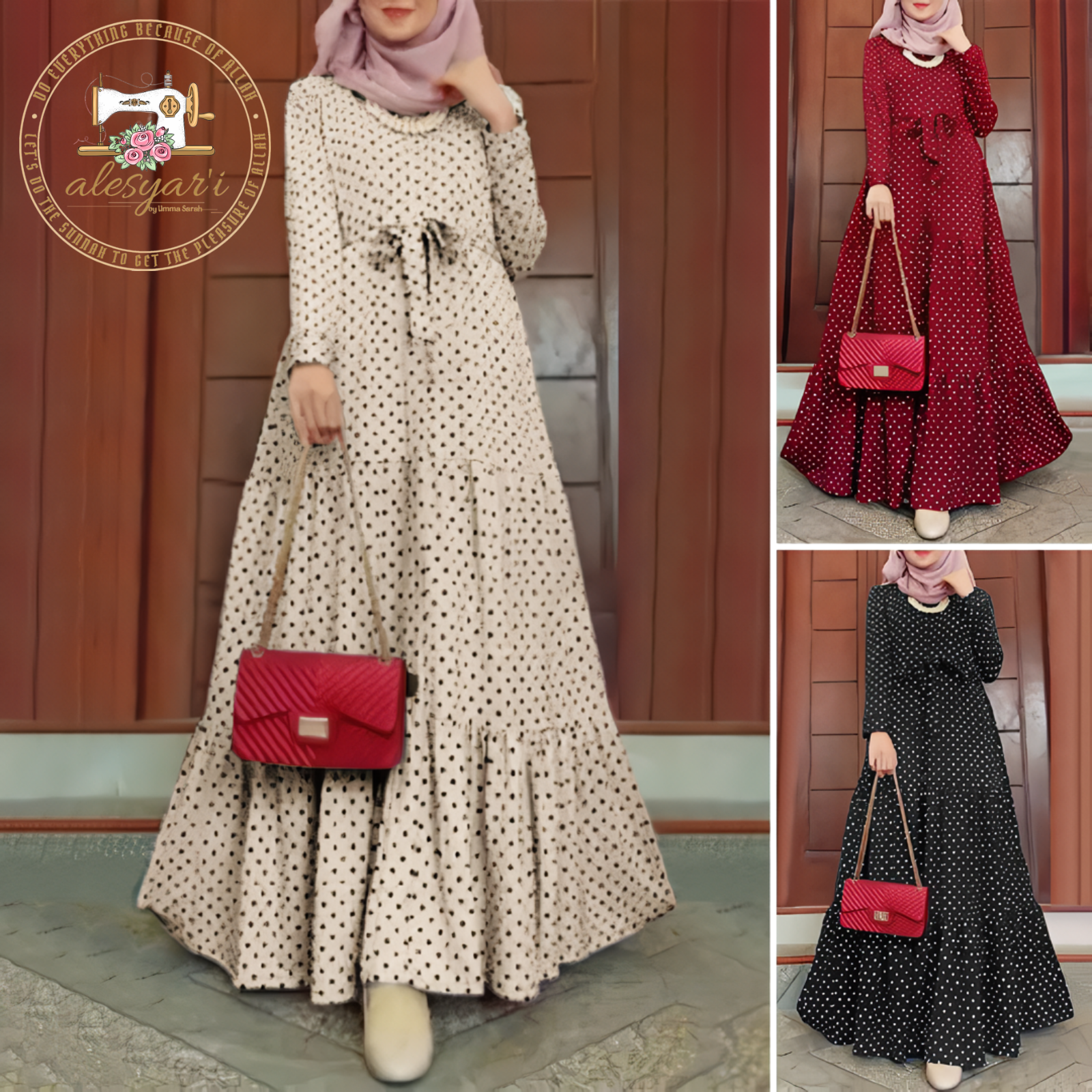 Alesyari Shop I Women Polka Dot Long Sleeve Dress Stylish Belts Party Robe Loose Maxi Dress Muslim Kaftan Sundress Morocco Abaya Hijab