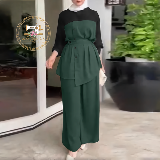 Alesyari Shop I Chic Autumn Ensemble: Oversized Blouse with Color Contrast Design, Buttoned Shirts, Loose Pants Suit – Stylish Muslim Hijab Sets in Islamic Fashion Clothing