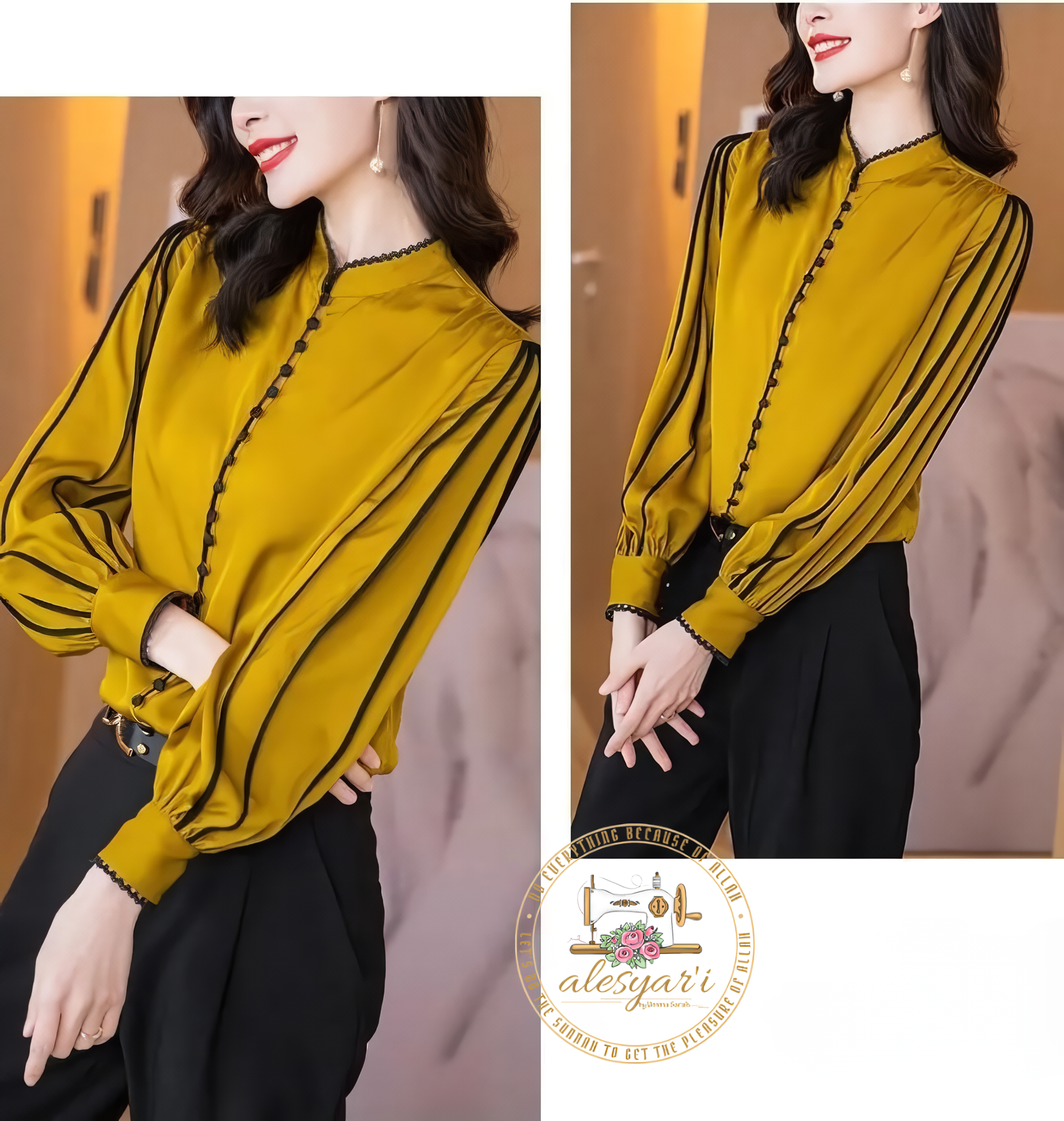 Alesyari Shop I Chic Korean-Inspired Long Sleeve Silk Shirt in Yellow and Black: Elevate Your Casual Elegance for Spring and Autumn Fashion