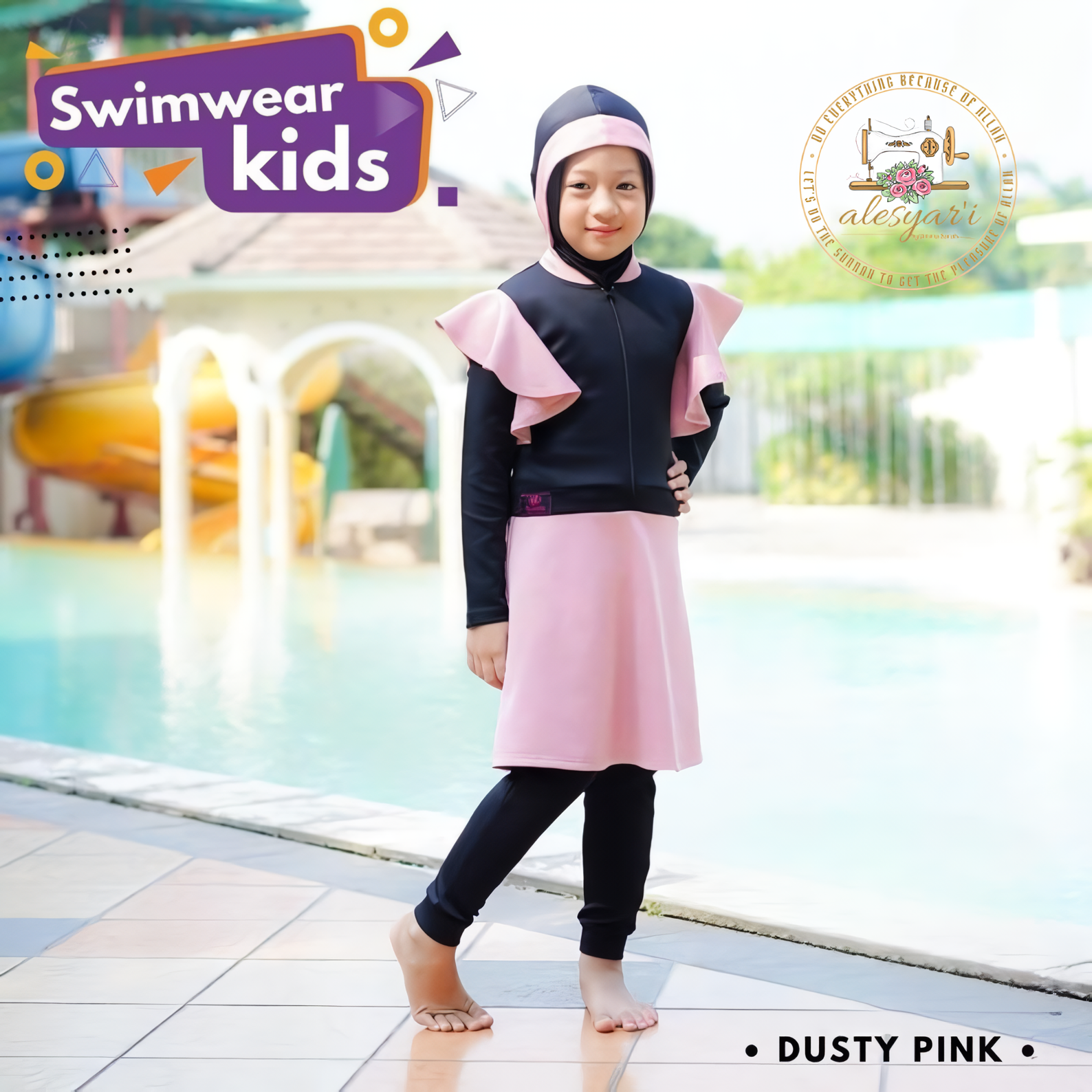 Alesyari Shop I Original Muslimah Swimwear for Kids Modest Swimsuit with Chest Layer and Skirt Overall Jumpsuit