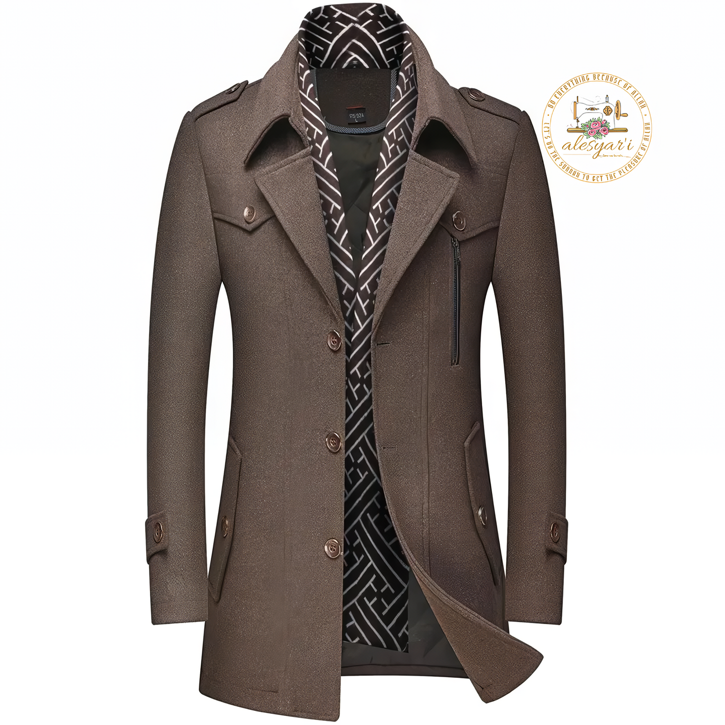 Alesyari Shop I Men's Winter Woolen Coats: Stylish Mid-Length Trench with Thickened Design, Solid Tone, Turn-Down Collar, and Warm Outerwear for Business Casual Style