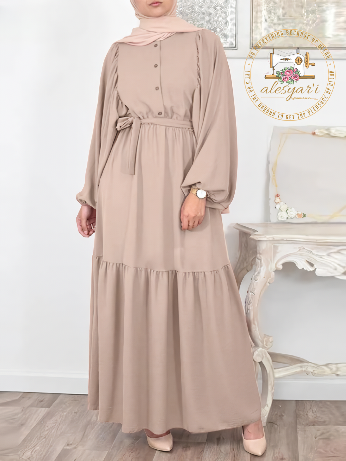 Alesyari Shop I Comfort Oversized Puff Sleeve Muslim Shirt Dress with Hijab - Stylish Casual Wear for Women