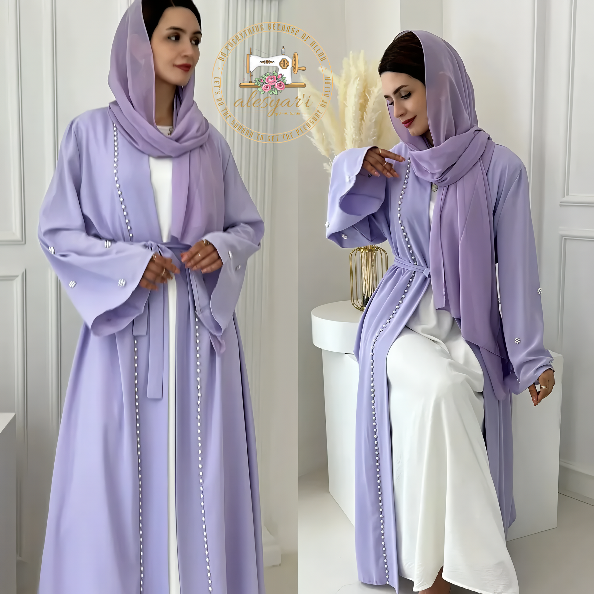 Alesyari Shop I Purple Majesty Luxurious Open-Front Muslim Abaya Kimono with Intricate Embellishments