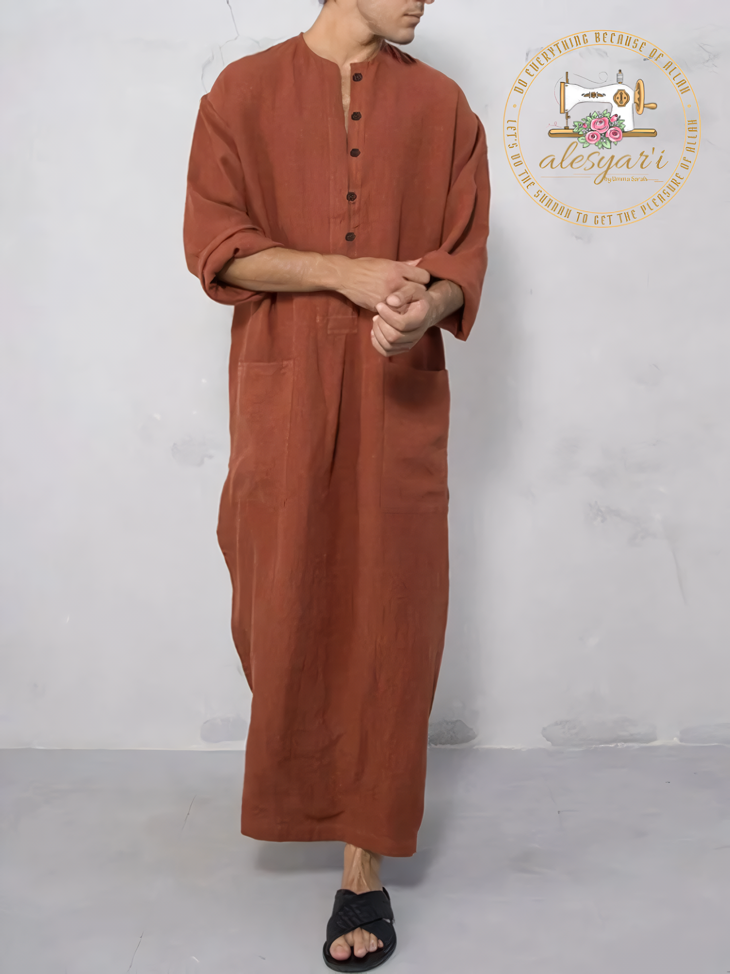 Alesyari Shop I Mens Islamic 2024 Jubba Thobe Long Sleeve, Solid Pockets,  Abaya Dress Classic Muslim Kaftan for Discerning Gentlemen