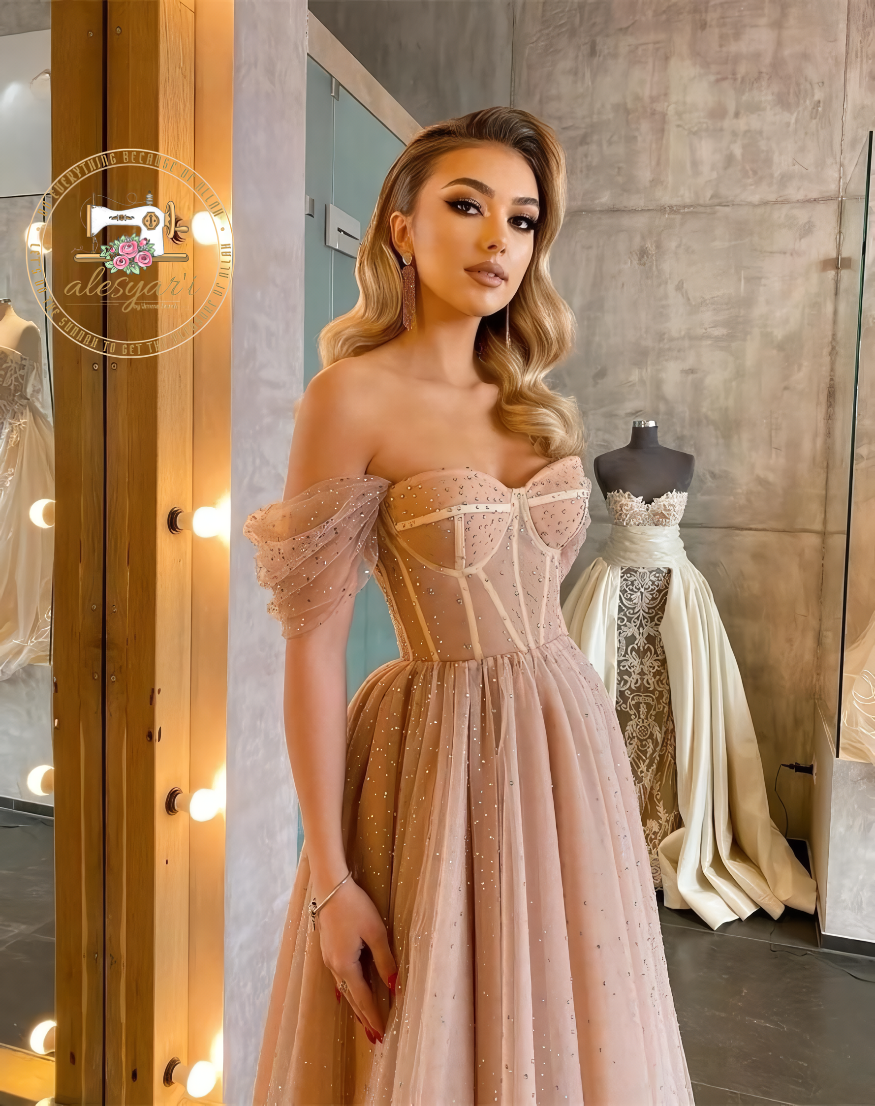 Alesyari Shop I Sparkling Elegance: Off-the-Shoulder Champagne Sequins Prom Dress with Mid-Length and Shiny Crystal Embellishments for a Stunning Short Evening Look