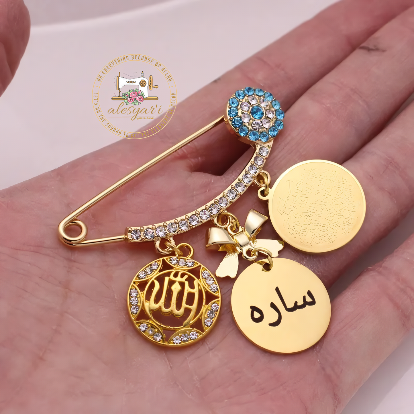 Alesyari Shop I Custom English Arabic Name Muslim Quran AYATUL KURSI Pink Brooch – Allah Baby Pin