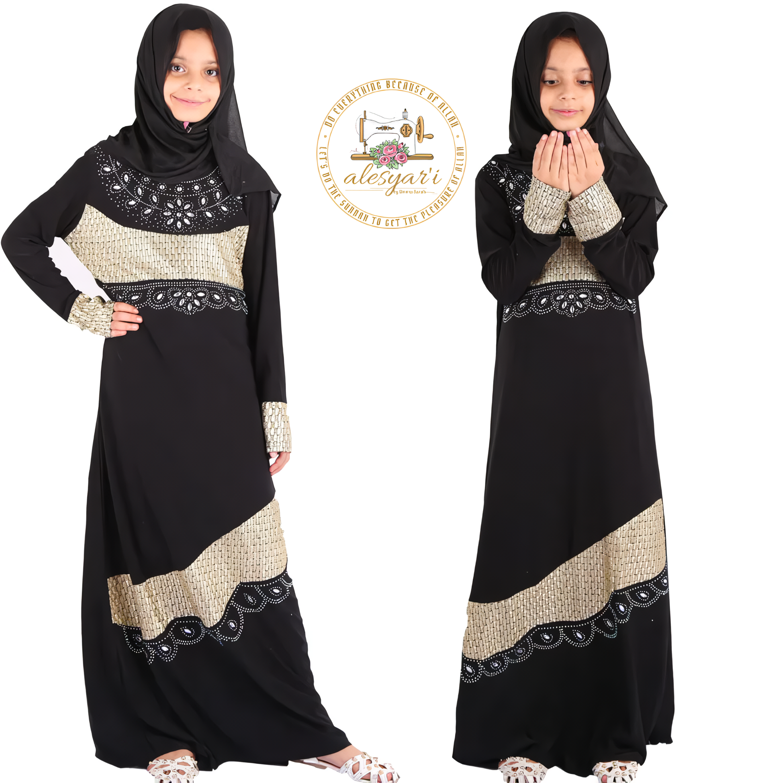 Alesyari Shop I Chic 2-Piece Muslim Dress Set for Girls Ramadan Abayas with Abaya Hijab, Ideal Islamic Clothing for Prayer