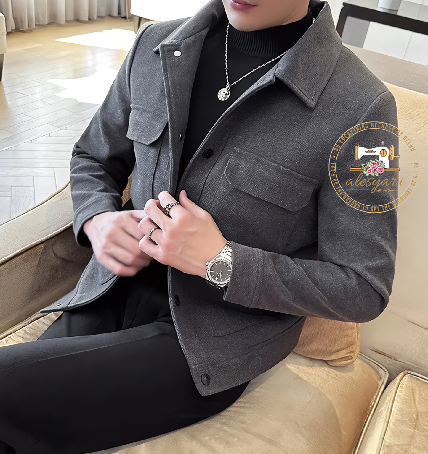 Alesyari Shop I Men's Spring Jackets in High-Quality Wool, Slim Fit with Thickening for Warmth, Stylish Tweed Design for a Casual Fashionable Coat.