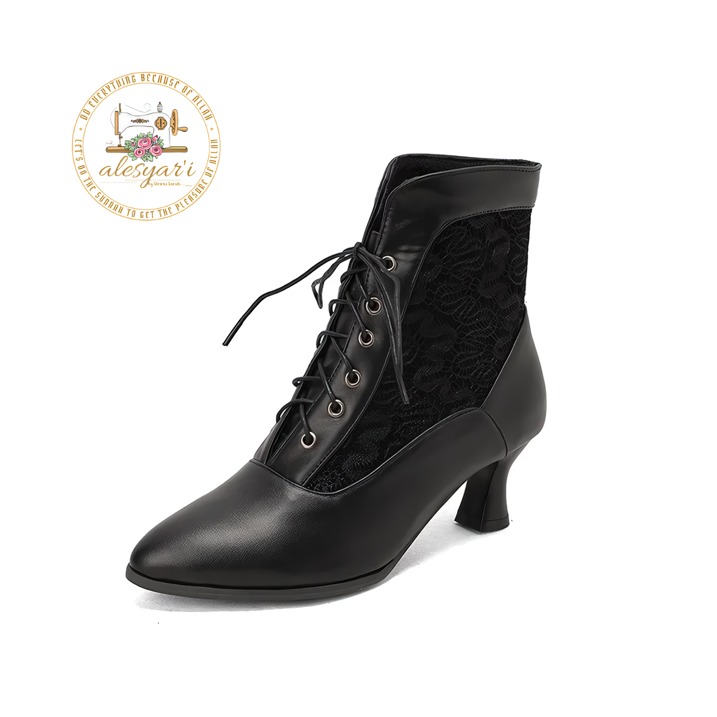 Alesyari Shop I Step into Elegance: Victorian-Inspired Leather Ankle Boots with Lace Details and High Heels for Fashionable Women