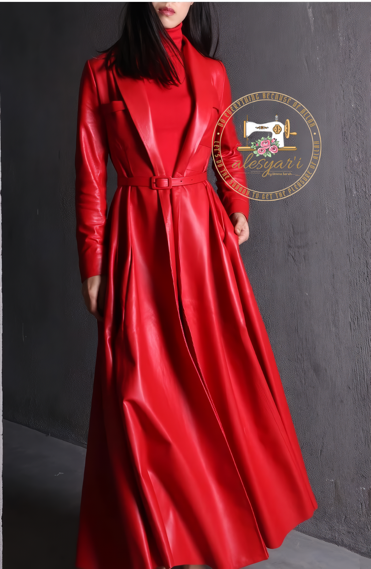 Alesyari Shop I Exquisite Red and Black Maxi PU Leather Trench Coat: An Extra-Long, Skirted, and Elegant Overcoat for Women of Distinction.