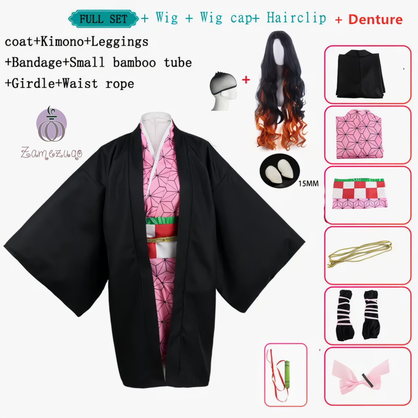 Alesyari Shop I Anime Demon Slayer Nezuko Cosplay Costume Kimono Kimetsu No Yaiba Kamado Nezuko Costume Wig Womens Girls Kimono Uniform Clothes