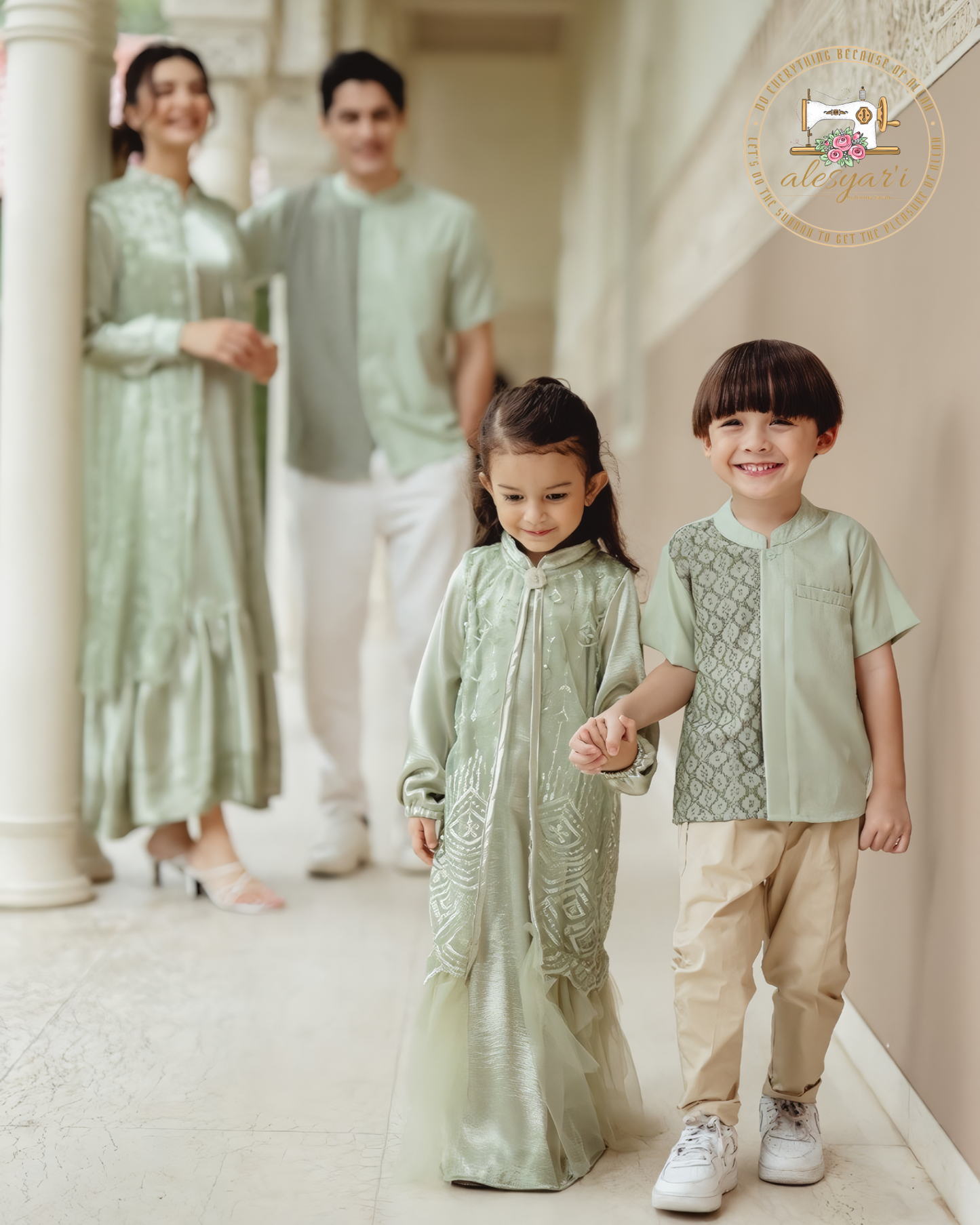 Fashion Family Matching Clothes Mother Daughter Dresses Sage Green Rose Gold Abaya Kids Mom