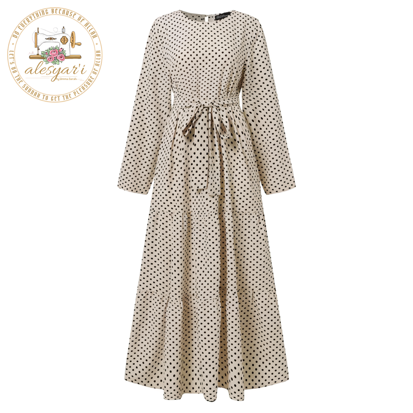 Alesyari Shop I Women Polka Dot Long Sleeve Dress Stylish Belts Party Robe Loose Maxi Dress Muslim Kaftan Sundress Morocco Abaya Hijab