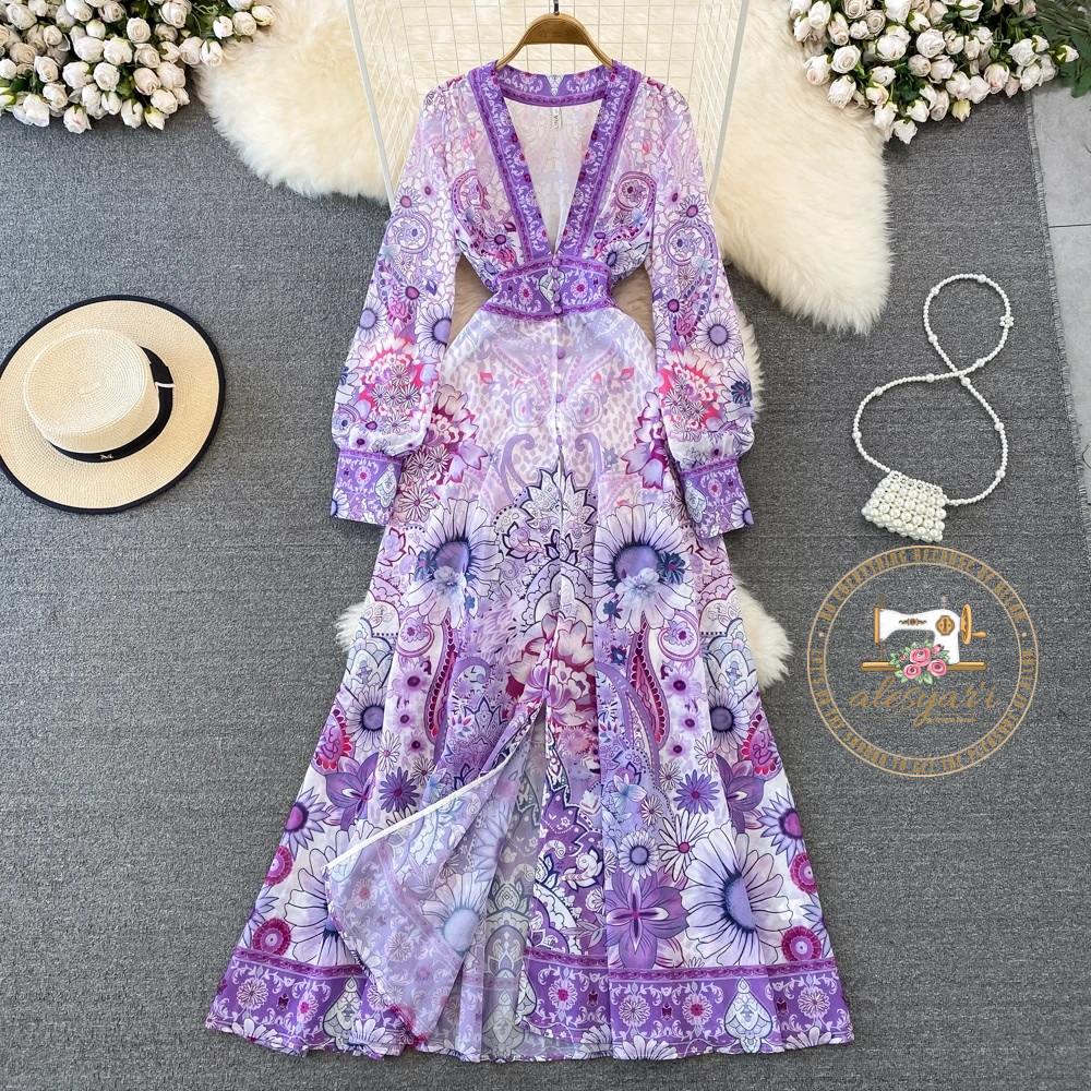 Alesyari Shop I Summer Breeze Chiffon Maxi Dress with Deep V-Neck, Long Lantern Sleeves, and Floral Flair for a Stylish Holiday Wardrobe